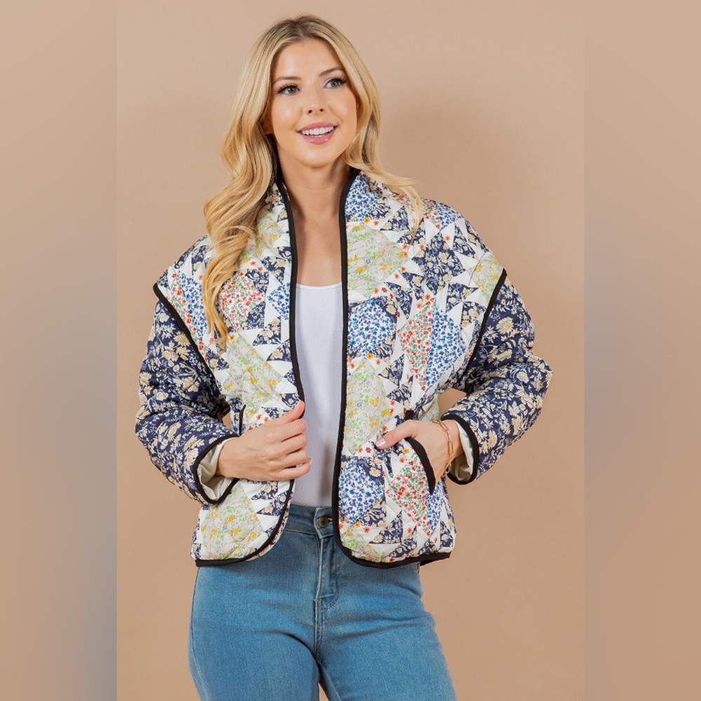 Sundayup PATCHWORK PRINT BUTTONLESS QUILTED JACKET